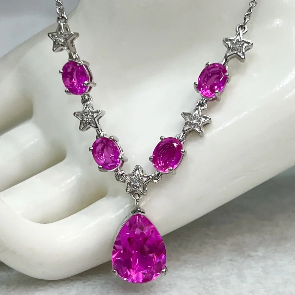 Radiant Orchid Quartz White Zircon Silver V Drop Necklace w/ Extender - Picture 1 of 15